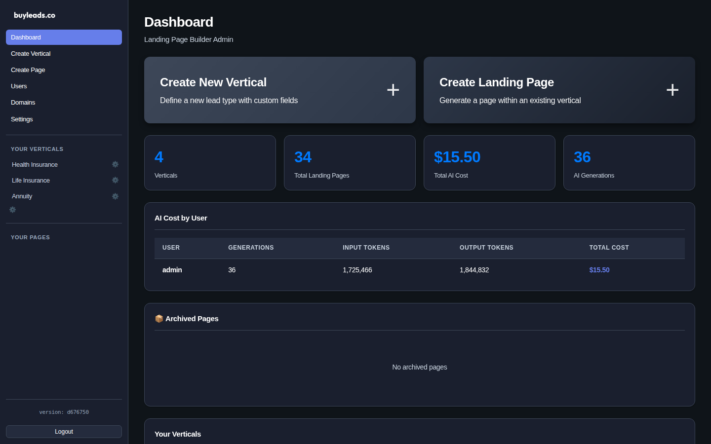 Dashboard with analytics and AI cost tracking
