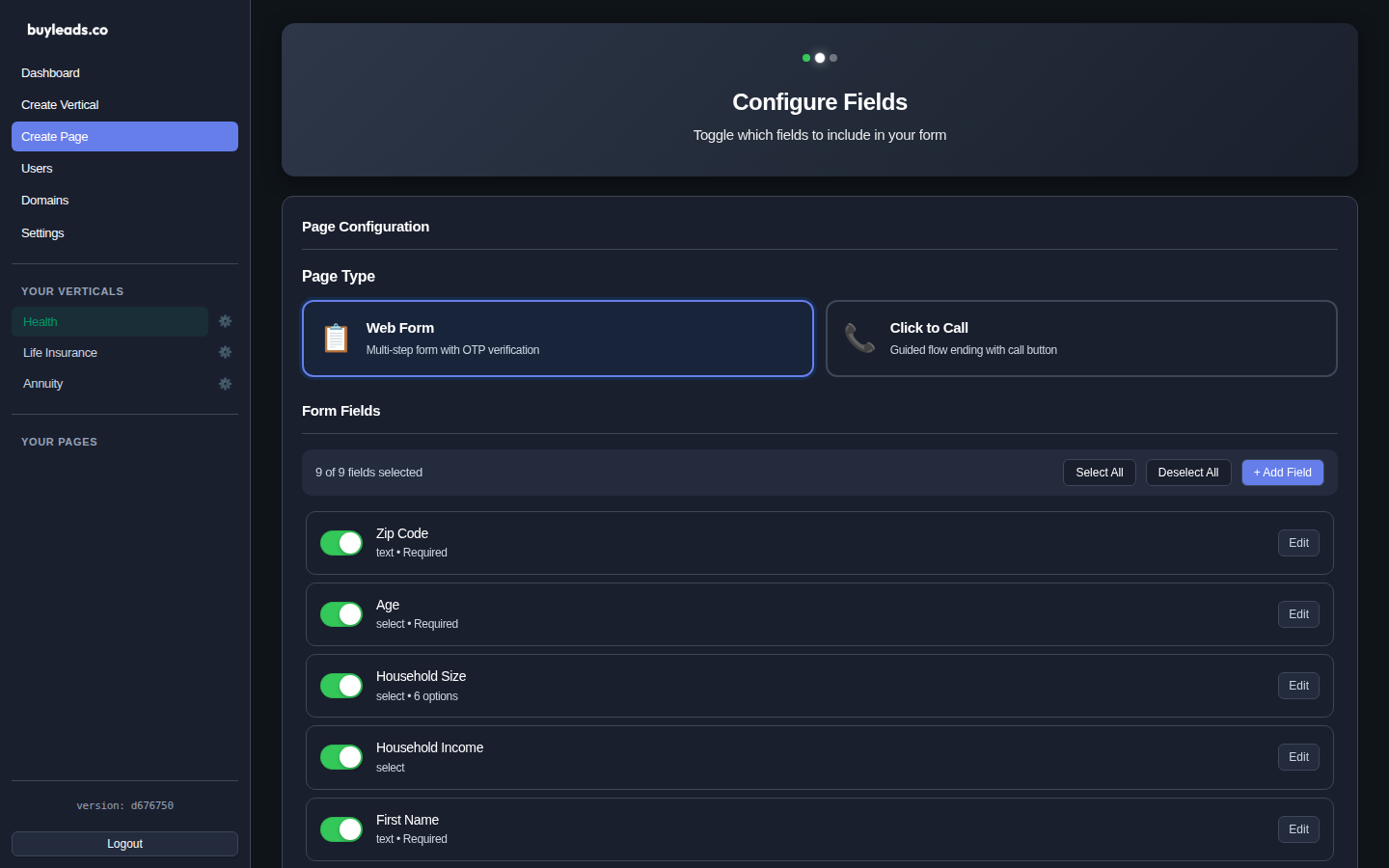Page type selection - Web Form or Click to Call